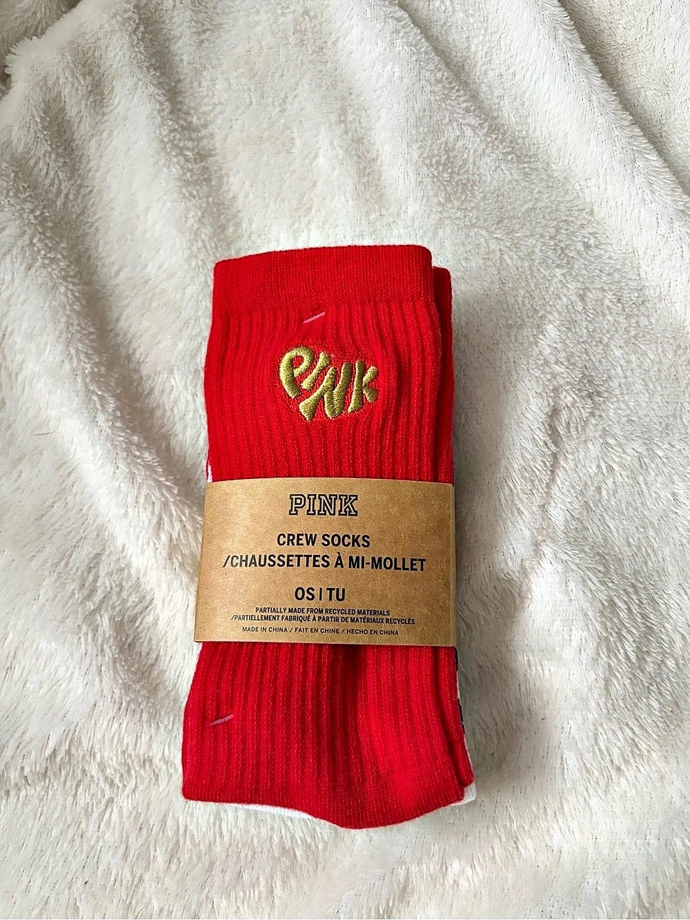 PINK Crew Socks in Red & White NWT